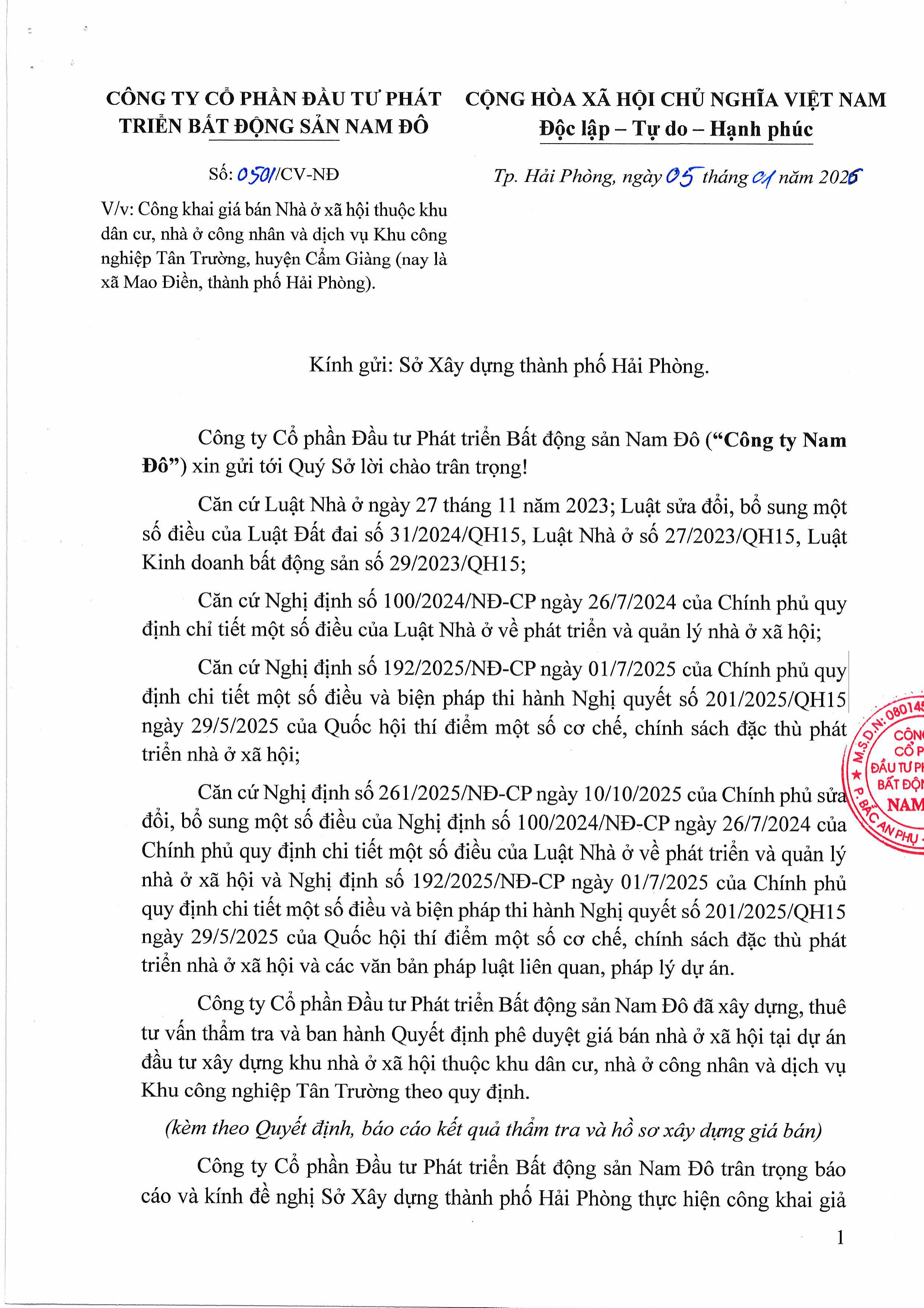 Chủ đầu tư công khai giá bán Dự án Nhà ở xã hội thuộc khu dân cư, nhà ở công nhân và dịch vụ Khu công nghiệp Tân Trường